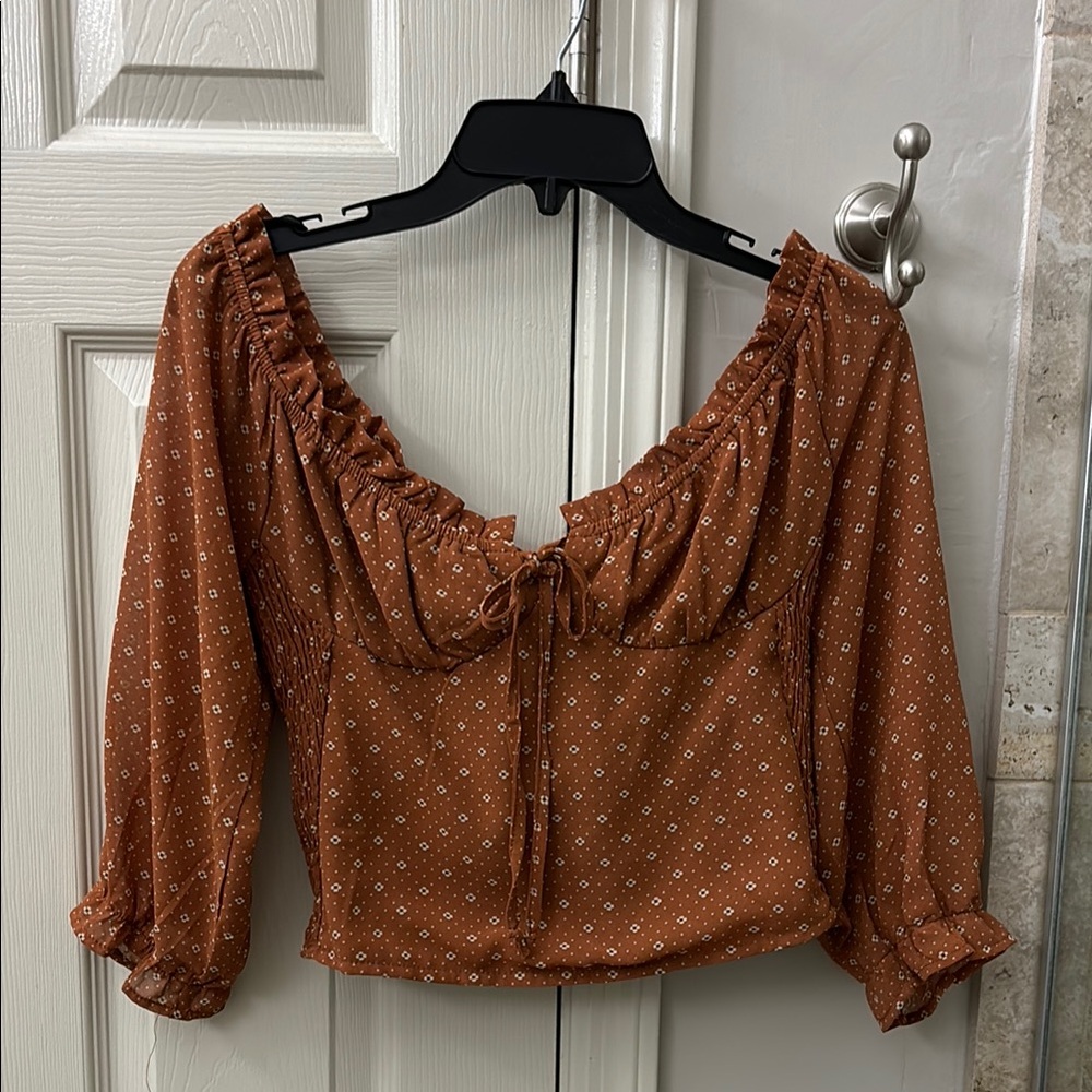 Papaya Brown Puff Sleeve Crop Blouse